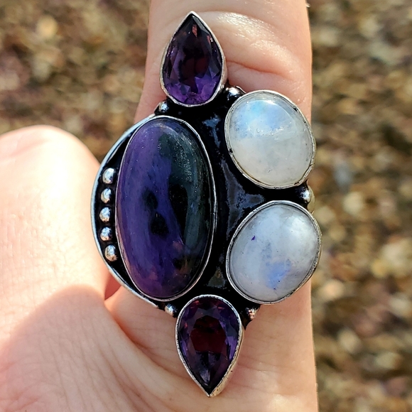 New Charoite, Rainbow Moonstone, and Amethyst 925 Silver Ring. - Picture 7 of 16